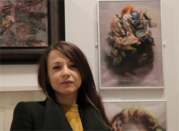 Thumbnail image of Stefania Laccu, LSA Student Award 2017 runner up at the preview of LSA Annual Exhibition 2017 in front of her triptych 'Psychosomatic Skin Series' - LSA Annual Exhibition 2017 Preview Evening