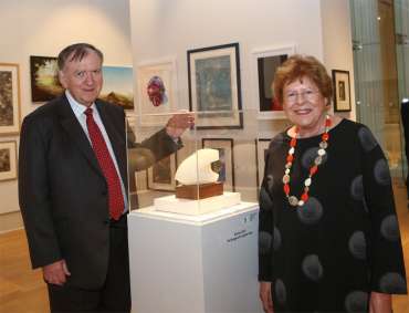 Thumbnail image of Sir Bob Burgess & Prof Hilary Burgess with The Burgess Sculpture Prize, by Yvonne Anderson - LSA Annual Exhibition 2018 Preview Evening